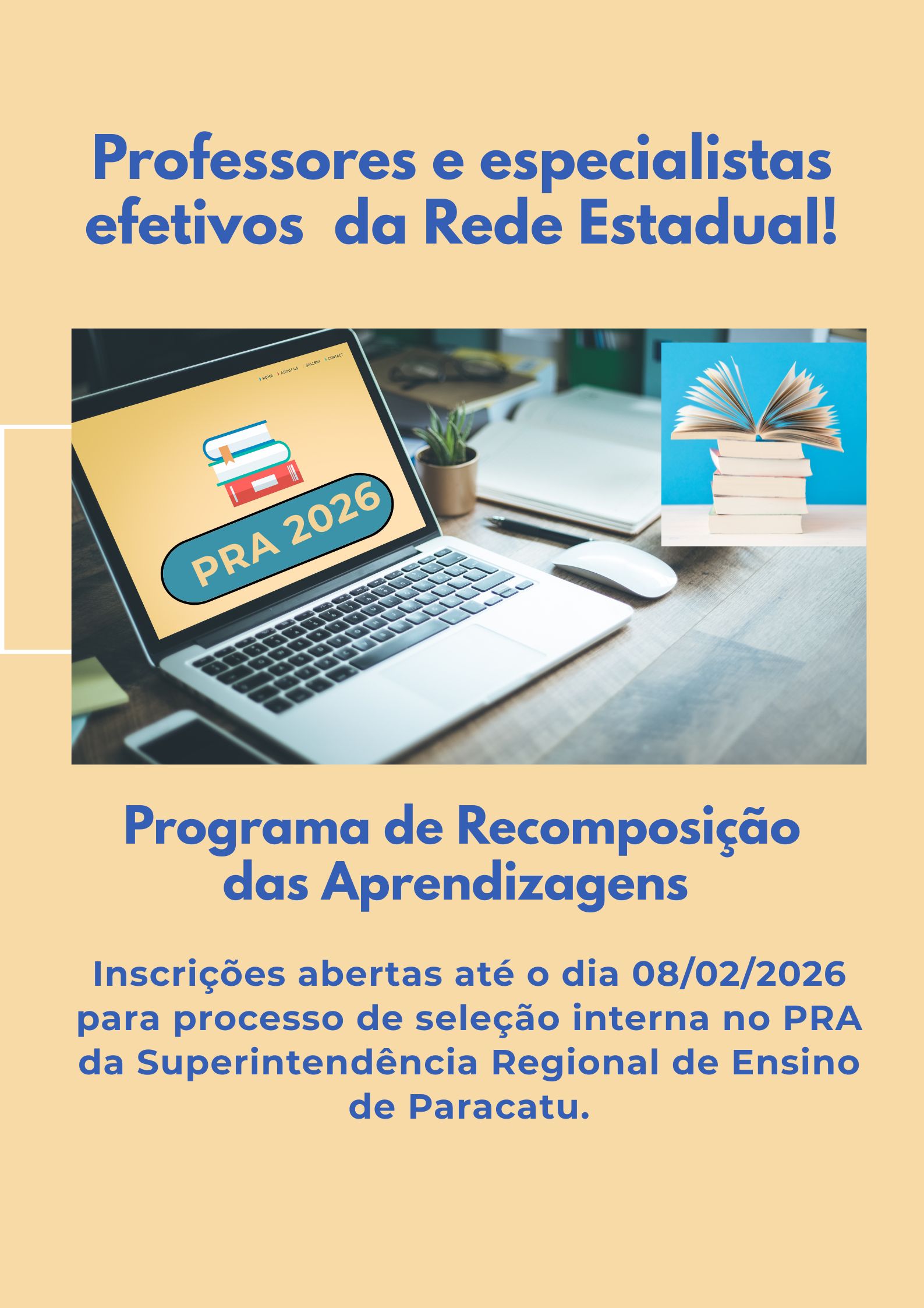 SRE Paracatu abre seleção interna para professores e especialistas atuarem no Programa de Recomposição das Aprendizagens